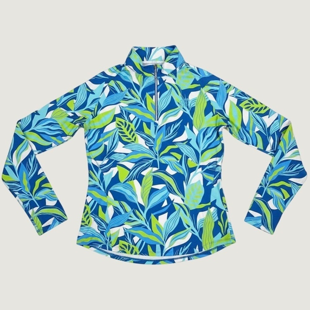Sport Haley Womens Small Tropical Leaf Quarter Zip UPF 50 Pullover Blue Green